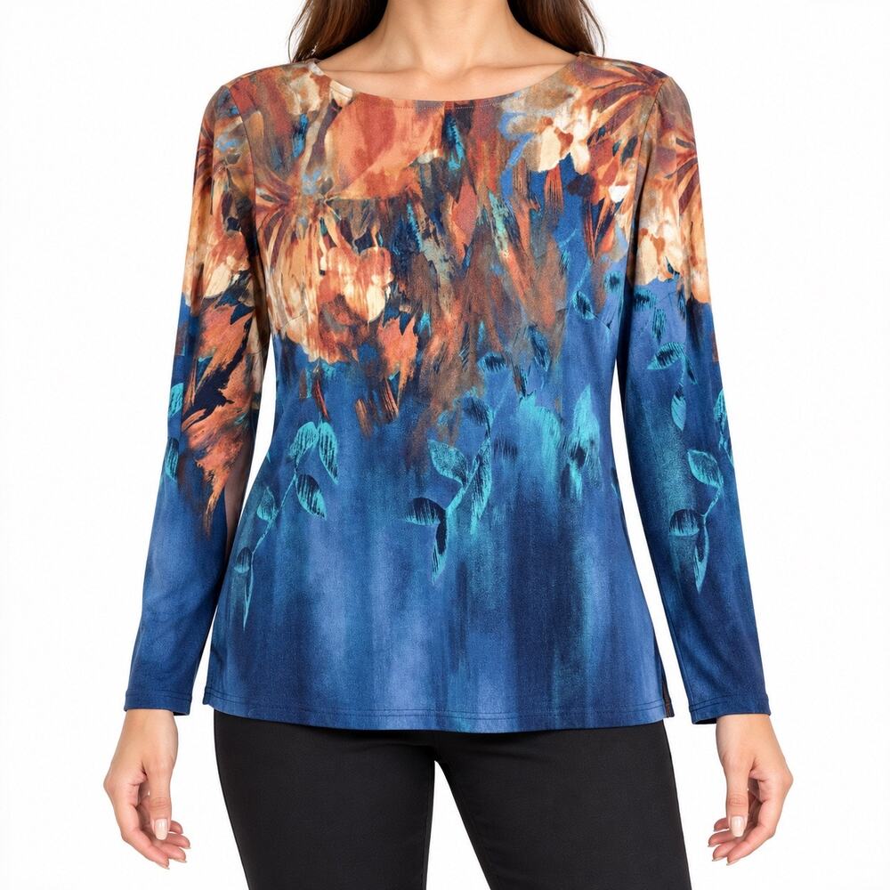 NEW NWOT Bob Mackie Wearable Art Blue Brown Long Sleeve Blouse Shirt Top